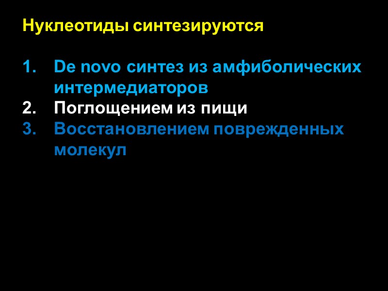 Нуклеотиды синтезируются by  De novo синтез из амфиболических интермедиаторов Поглощением из пищи Восстановлением